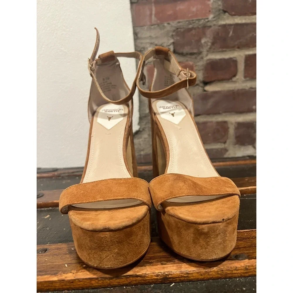 Windsor Smith Roar Tan Suede Chunky Block Heel Platform Sandals Bratz Boho Y2K